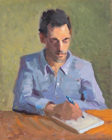 Samuel schrijvend I 2020 I olieverf op linnen, marouflé