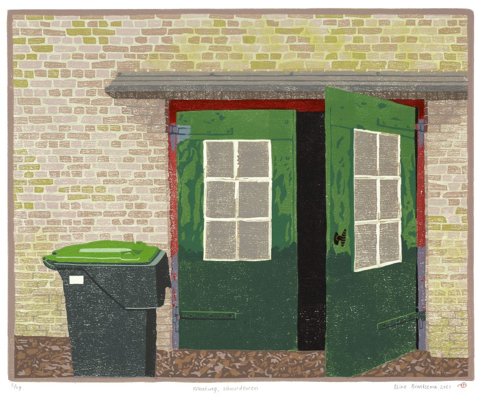 Maatweg, schuurdeuren met container I 2021 I houtsnede I 24,5 x 31 cm I oplage: 29