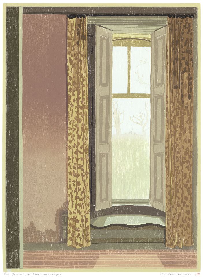 In verval: slaapkamer met gordijnen I 2023 I houtsnede I 39,4 x 28,5 cm I oplage: 22