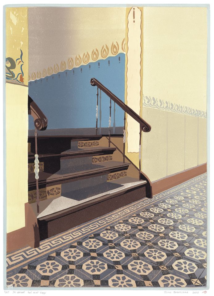 In verval: hal met trap I 2023 I houtsnede I 40,6 x 29,5 cm I oplage: 25 <b>[SOLD OUT]</b>
