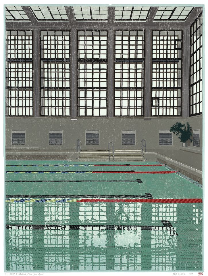 BLAU // Stadtbad Mitte &quotJames Simon&quot I 2023 I houtsnede I 68,2 x 51,3 cm I oplage: 23 <b>[SOLD OUT]</b>