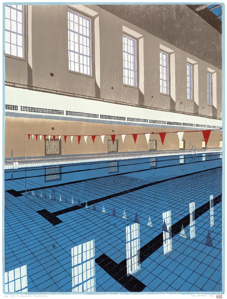 BLAU // Schwimmhalle Finckensteinallee I 2024 I houtsnede I 67,8 x 51 cm I oplage: 29 <b>[SOLD OUT]</b>