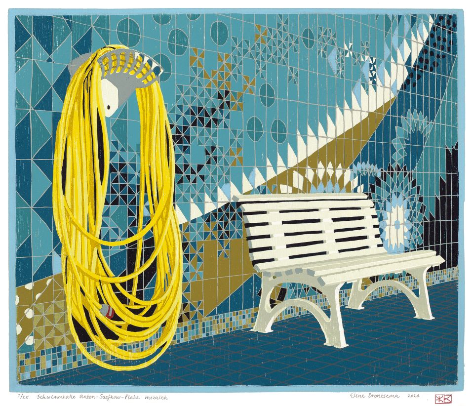 Schwimmhalle Anton-Saefkow-Platz moza&iuml;ek I 2024 I houtsnede I 29,1 x 34,6 cm I oplage 25