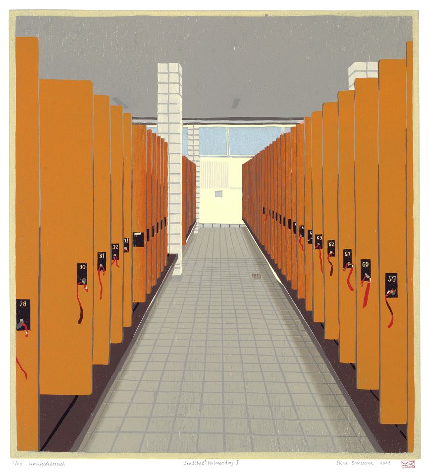 Umkleidebereich (Stadtbad Wilmersdorf I) I 2024 I houtsnede I 43,3 x 39,5 cm I oplage: 20