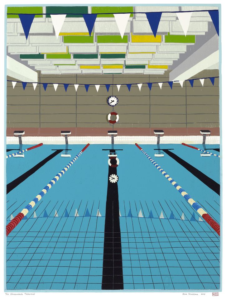 Schwimmhalle Fischerinsel I 2024 I houtsnede I 61,5 x 46,2 cm I oplage: 20