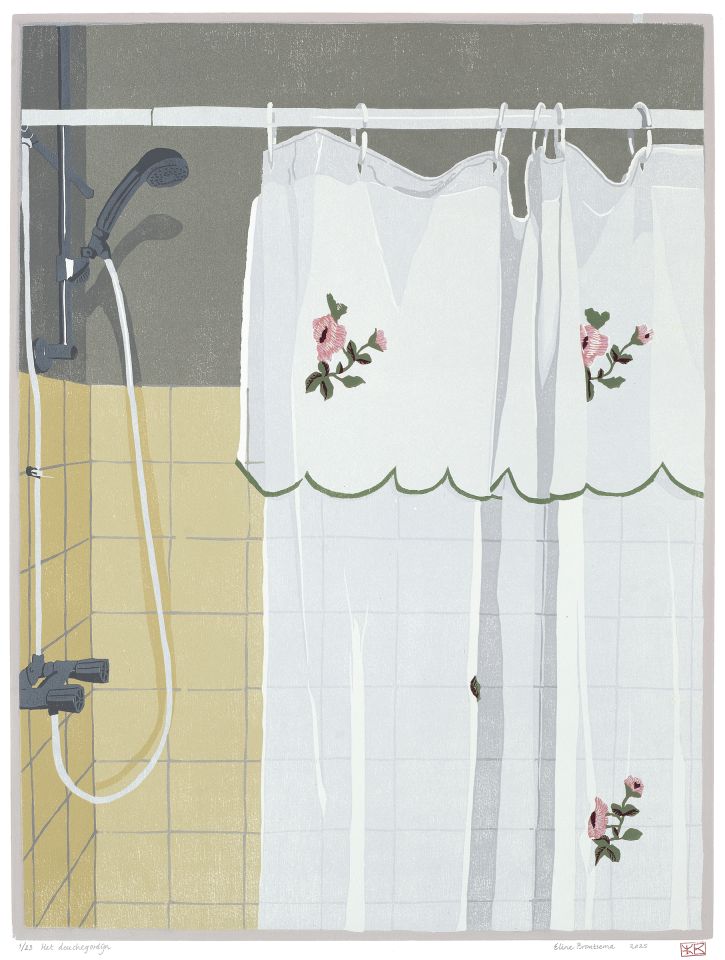 Het douchegordijn I 2025 I houtsnede I 47,6 x 35,9 cm